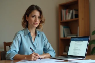 Femme rédigeant une lettre de contestation d'amende italienne à son bureau avec un contrat de location de voiture