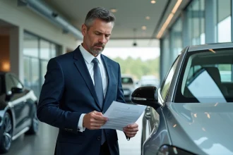 Homme en costume examinant un contrat de vente dans une concession automobile de prestige