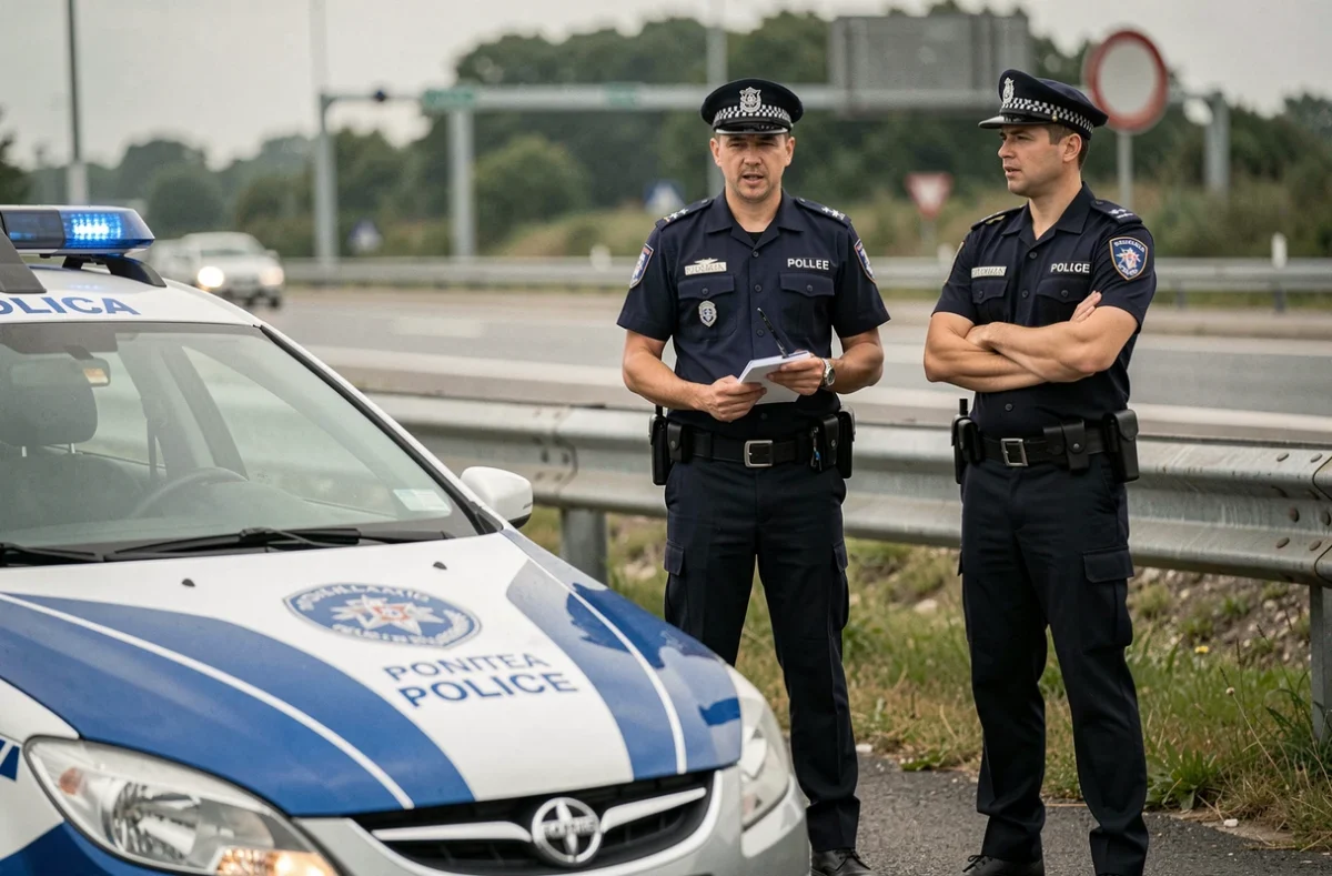 Deux policiers français effectuant un contrôle routier en bord de route, en lien avec les infractions liées aux voitures sans permis