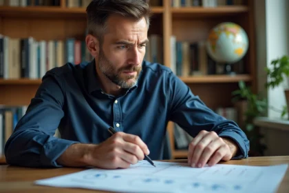 Ingénieur étudiant un tableau de conversion miles en kilomètres par heure à son bureau