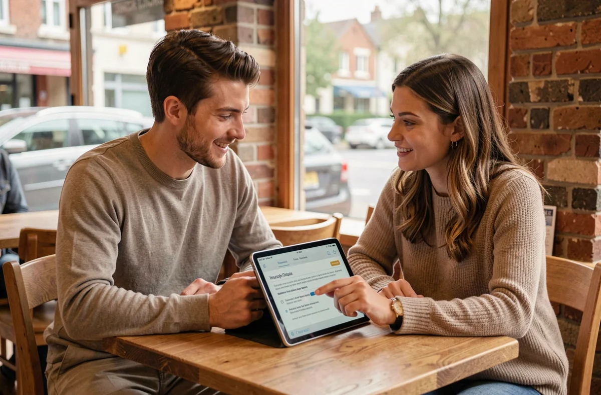 Couple comparant des offres d'assurance auto sur une tablette dans un café à Ivry-sur-Seine