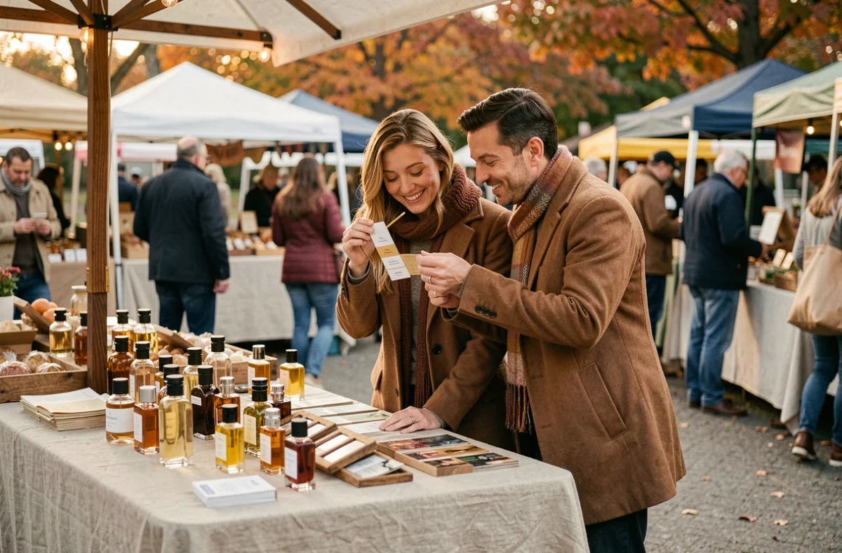 Couple sentant des échantillons de parfum personnalisé à un stand de marché en plein air avec des flacons abordables exposés sur une table en bois