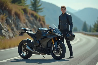 Jeune homme en combinaison moto sur route de montagne