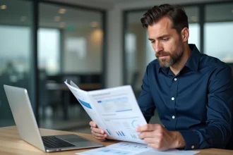 Courtier en assurance consultant le guide Argus des scooters dans une agence moderne pour estimer la valeur d'un deux-roues