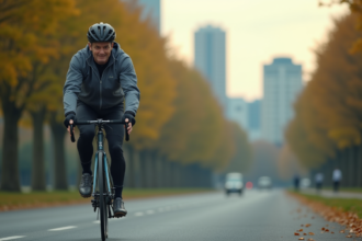 Homme en vélo urbain en arrêt contrôlé sur une piste cyclable