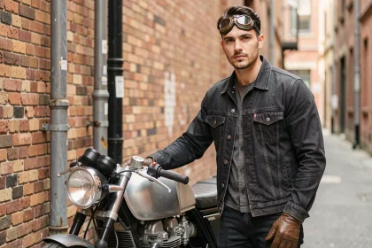 Jeune homme débutant posant avec une moto café racer compacte dans une ruelle urbaine en briques