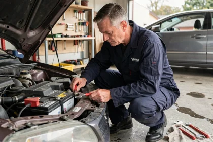 Mécanicien déconnectant la borne négative de la batterie d'une voiture pour réinitialiser un défaut moteur dans un garage résidentiel
