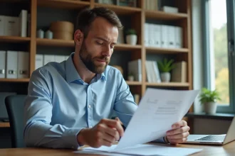 Homme consultant un dossier administratif pour une demande VTC par équivalence à la préfecture