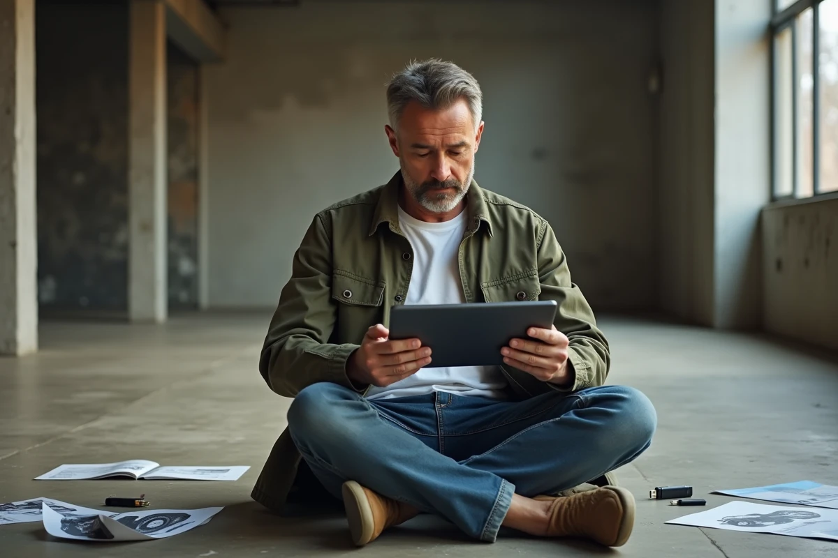 Designer indépendant consultant un logo haute définition sur tablette dans un loft créatif