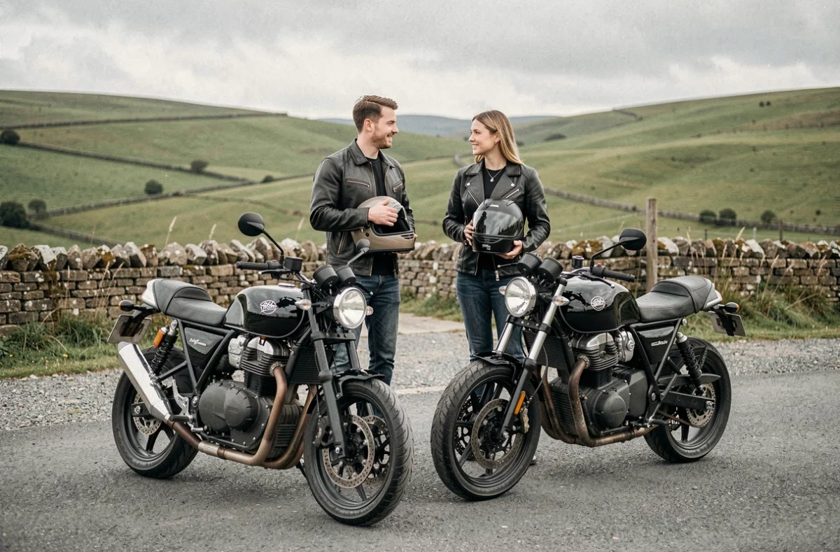 Deux jeunes motards débutants comparant leurs motos café racer sur une route de campagne
