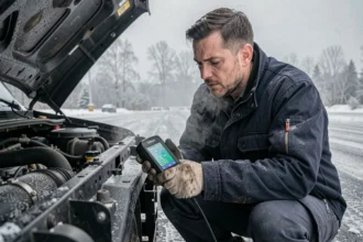 Mécanicien utilisant un scanner OBD par temps froid pour diagnostiquer le code défaut Diesel 1351 sur un moteur diesel en hiver