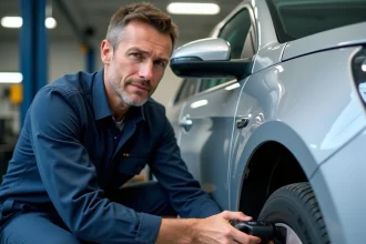 Technicien automobile branchant un scanner OBD2 sur une Peugeot 308 pour diagnostiquer le voyant orange tableau de bord