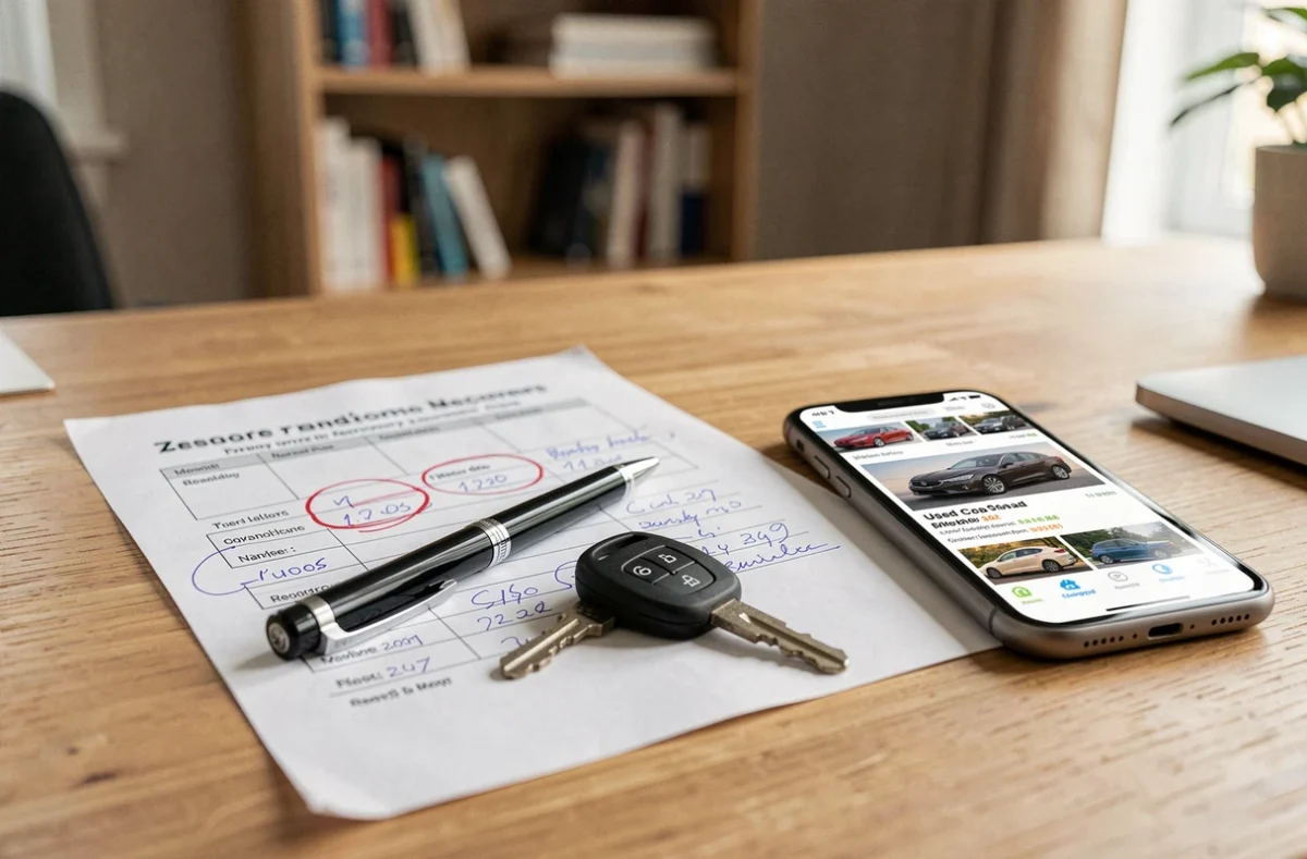 Documents administratifs et clé d'une voiture sans permis d'occasion posés sur une table, étapes de vérification avant achat d'un microcar