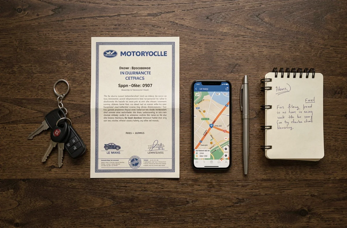 Documents d'assurance moto, clés de moto et carte du Mans posés sur une table en bois