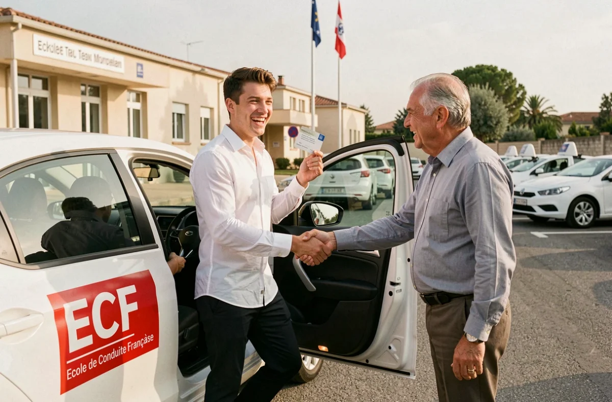 Jeune homme tenant son permis de conduire après réussite à l'examen avec l'ECF Ecole de Conduite Française à Montpellier