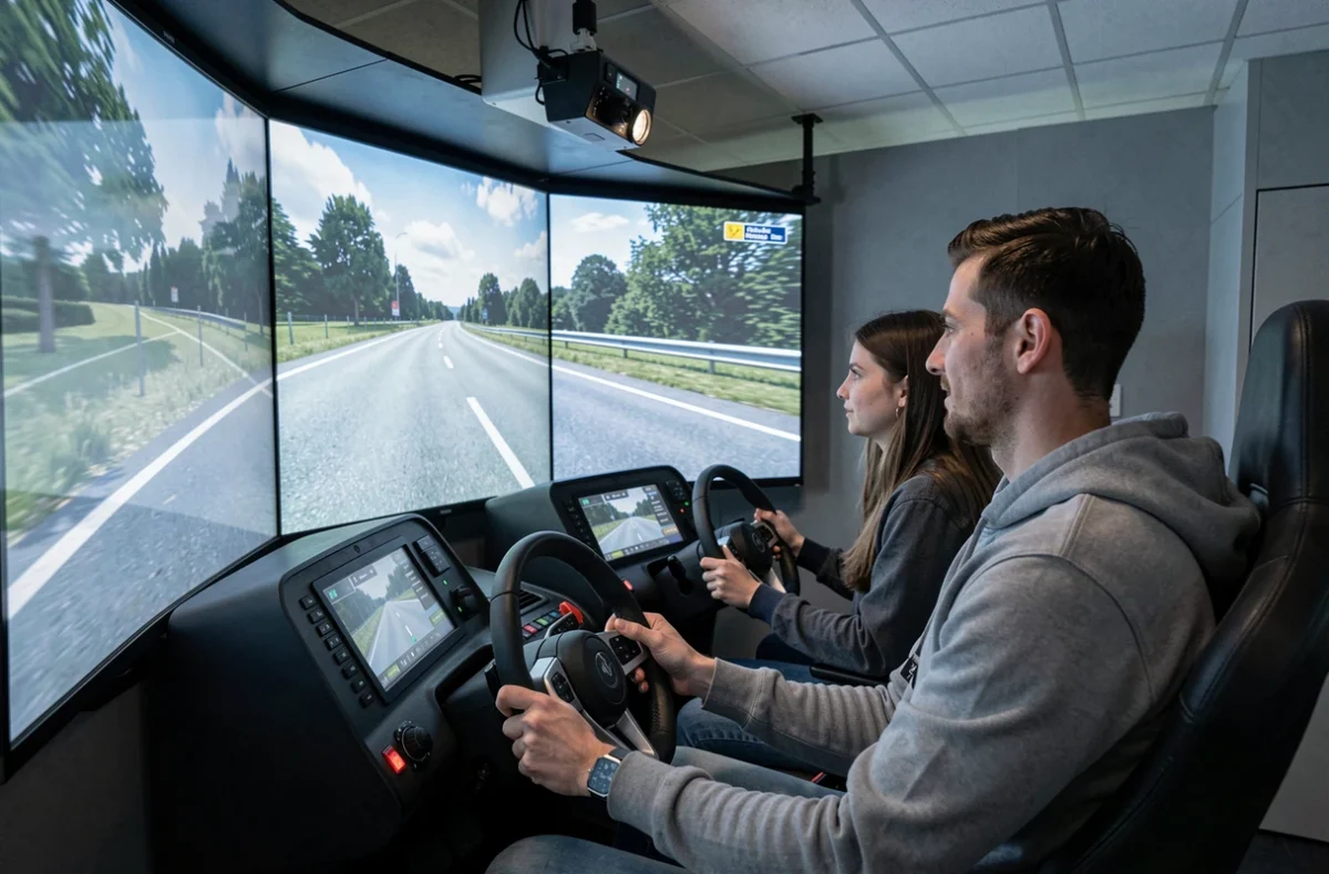 Élève et moniteur d'Espace Conduite à Limoges utilisant un simulateur de conduite high-tech
