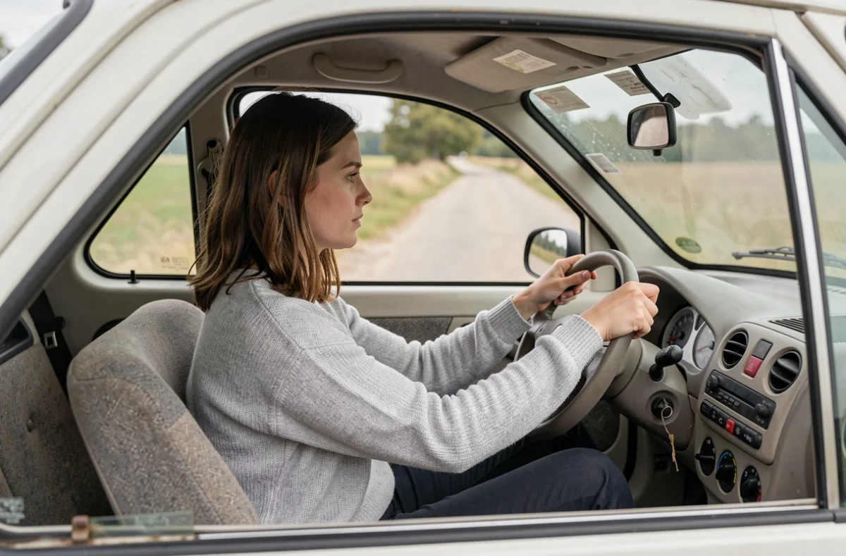 Jeune femme effectuant un essai d'une microcar d'occasion sur une route de campagne, vérification du comportement du véhicule sans permis