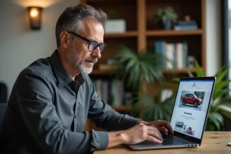 Expert automobile en train de consulter un site d'avis de fiabilité auto sur un ordinateur portable dans un bureau professionnel
