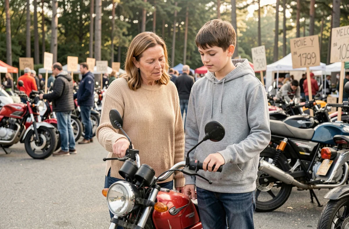 Mère et adolescent examinant une moto 50cc d'occasion sur un marché de motos en plein air
