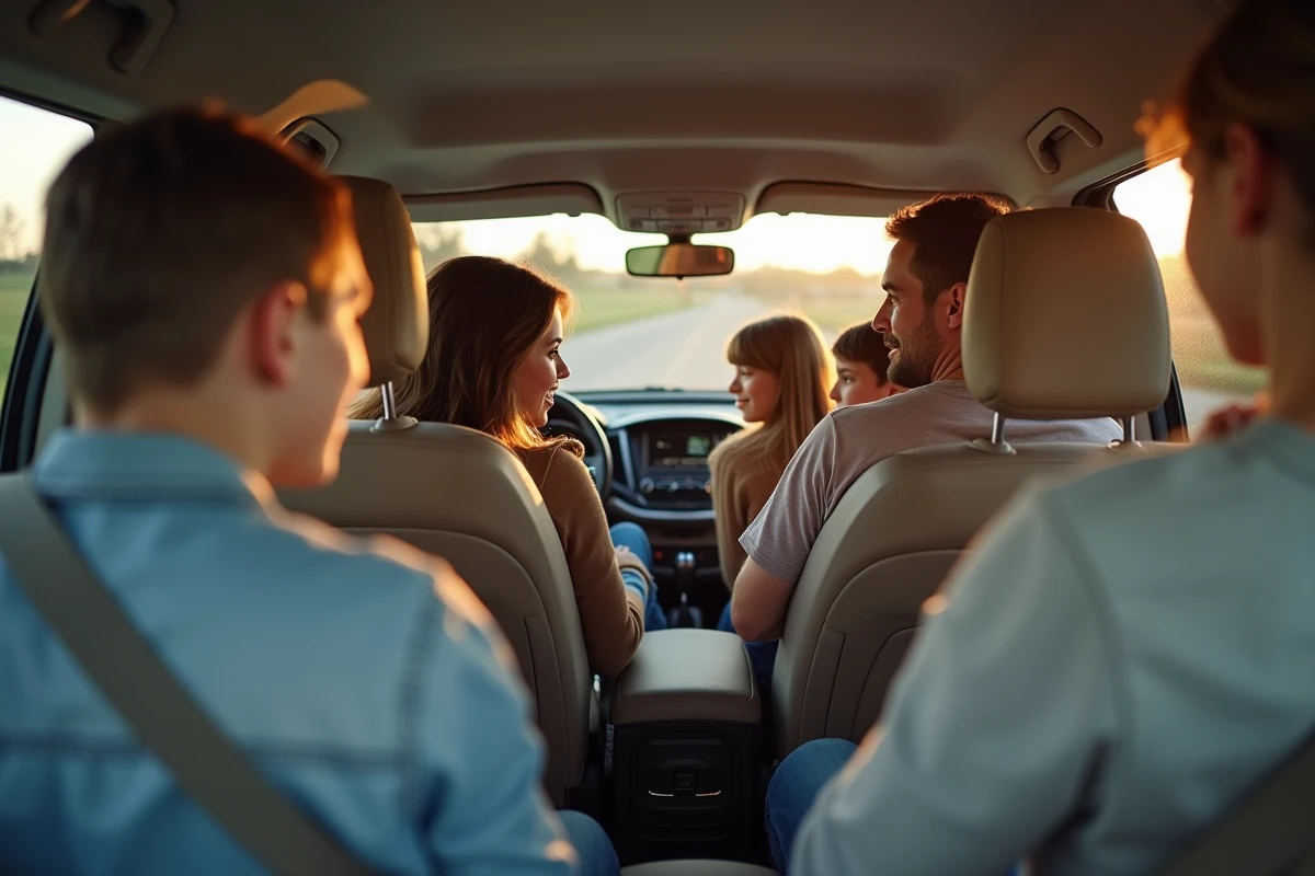 Famille assise dans l espace intérieur d un 7 places