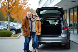 Couple souriant devant un véhicule familial en concession