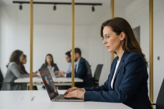 Femme d'affaires concentrée devant un tableau digital coloré