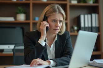 Femme d affaires au bureau à domicile avec smartphone