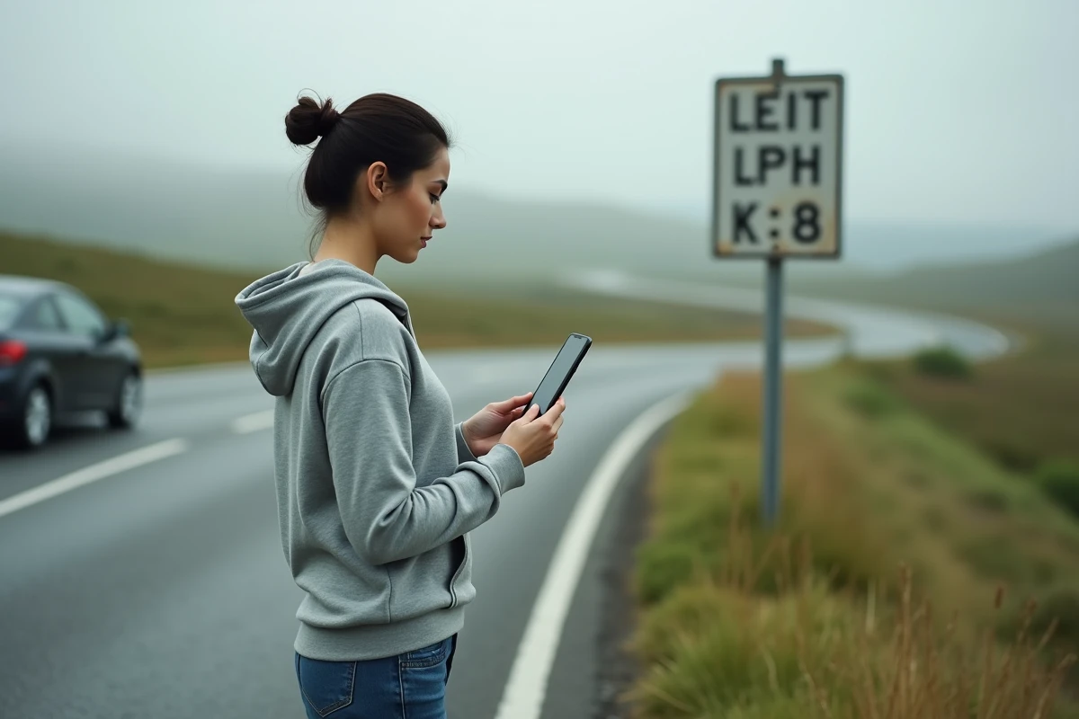 Femme consultant une application de conversion de vitesse miles en km/h au bord d'une route de campagne