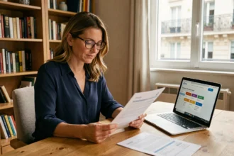 Femme consultant des documents d'assurance auto à son bureau dans un appartement à Ivry-sur-Seine