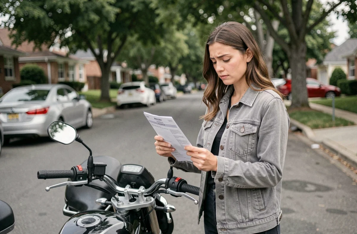 Femme examinant un document d'assurance moto dans une rue résidentielle