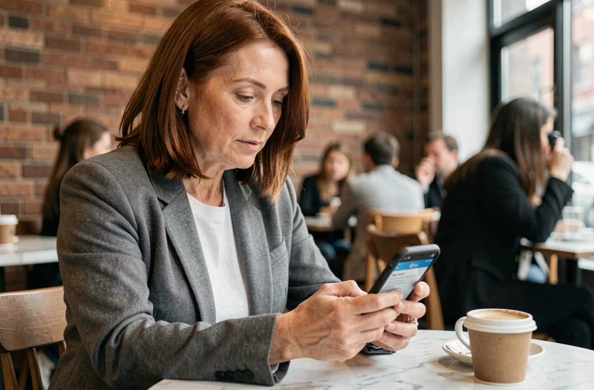 Femme auto-entrepreneur recherchant une assurance professionnelle depuis son smartphone dans un café