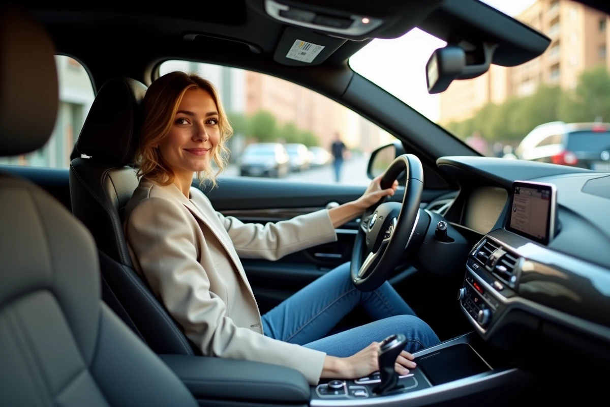 Jeune femme dans la voiture BMW F10 en ville