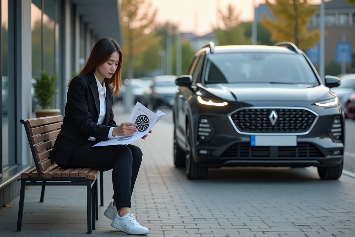 Femme étudiant des brochures de roues devant une voiture