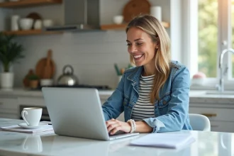 Femme en denim et rayures utilisant un ordinateur à la maison