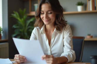 Femme au bureau vérifiant un document officiel