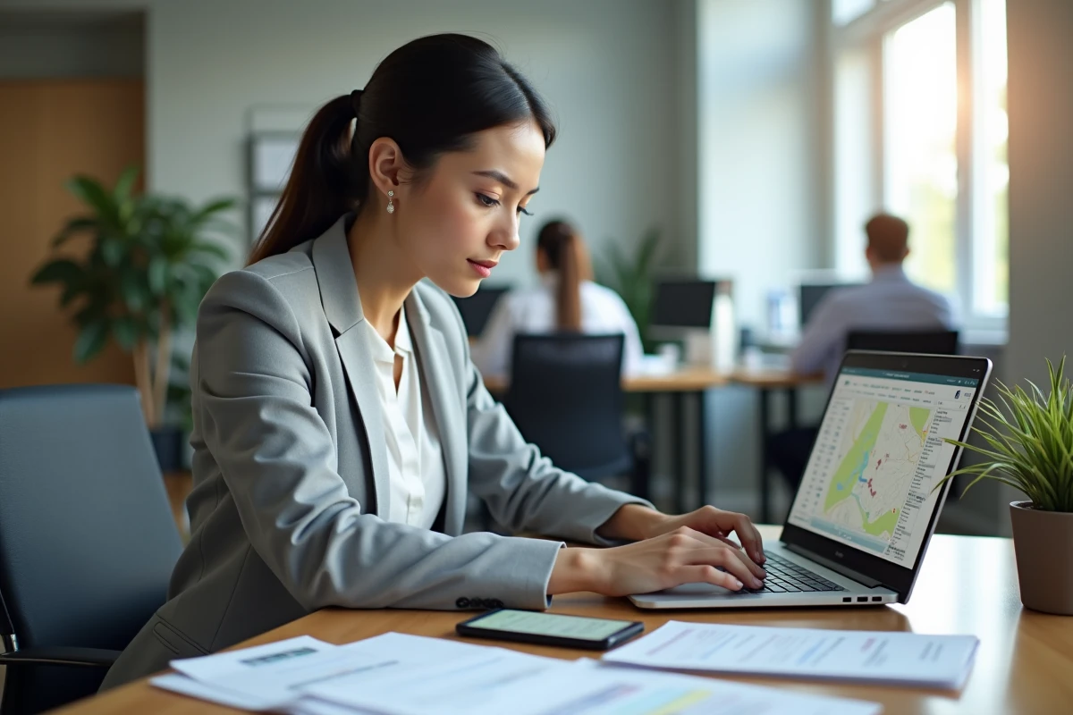 Femme cadre calculant le prix d'un trajet en voiture pour ses frais professionnels sur ordinateur portable