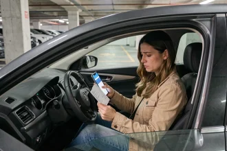 Femme au volant d'une voiture calculant le coût de son trajet avec un smartphone et un reçu d'essence dans un parking urbain