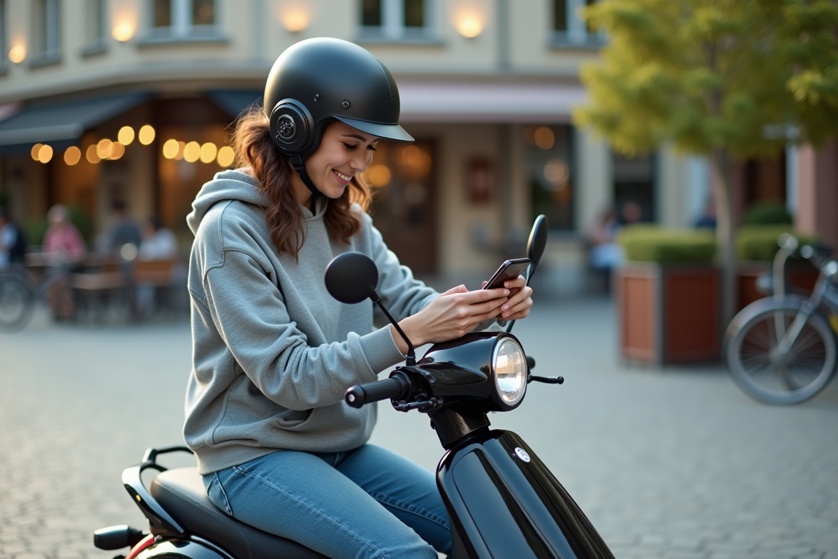 Femme en scooter sélectionnant une playlist en ville