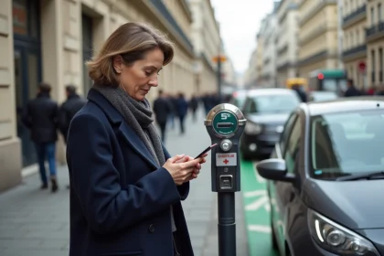 Femme en manteau navy vérifiant son smartphone près d'un stationnement parisien