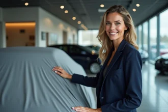 Femme élégante en blazer navy devant une voiture couverte