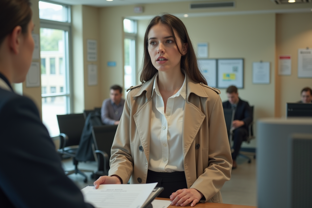 Jeune femme parlant à un agent dans un bureau municipal