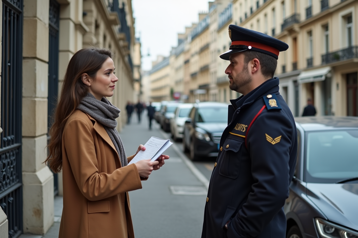 Jeune femme parle à un agent municipal devant une voiture