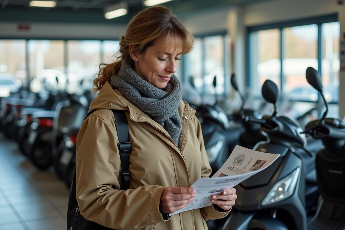 Femme comparant des modèles de scooters en concession