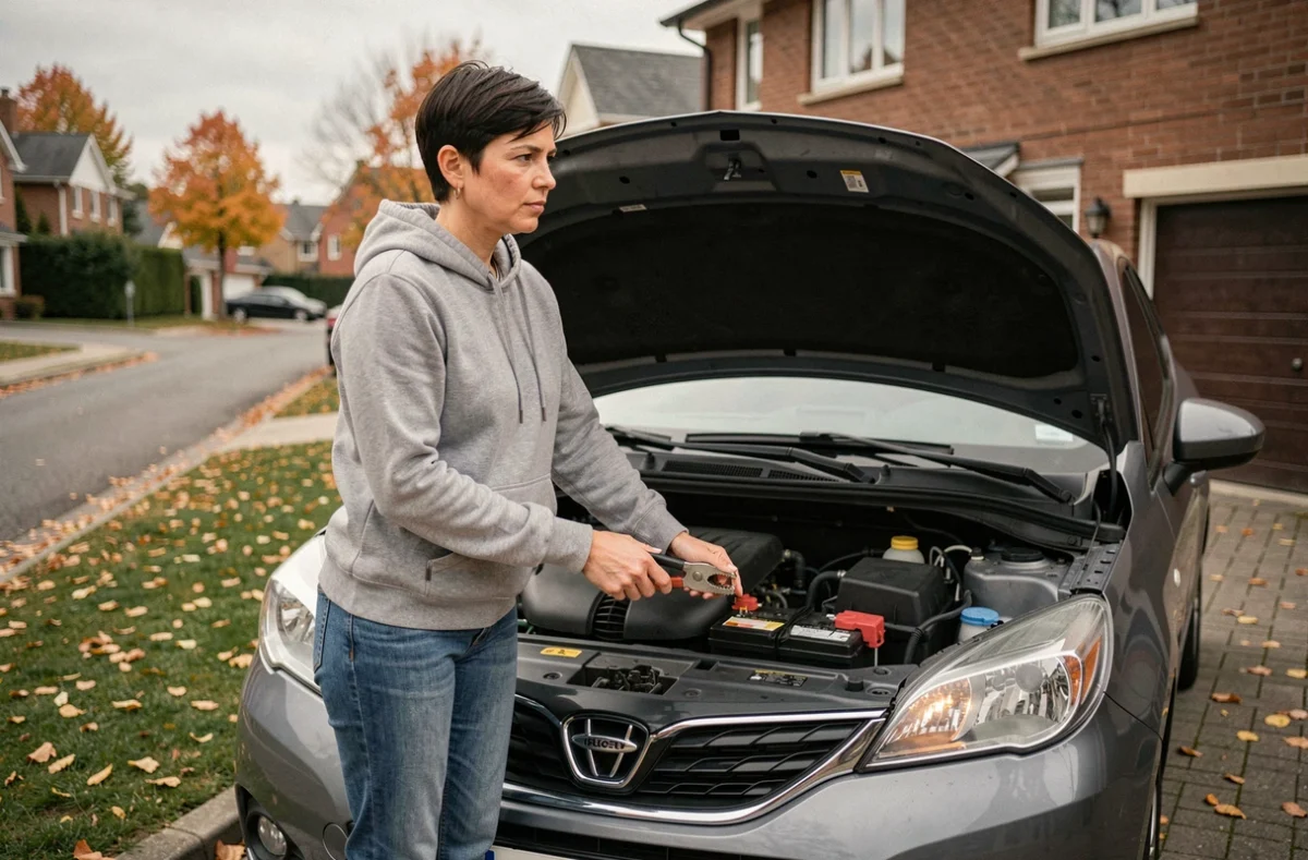 Femme déconnectant la batterie de sa voiture dans une allée résidentielle pour effacer un défaut moteur persistant