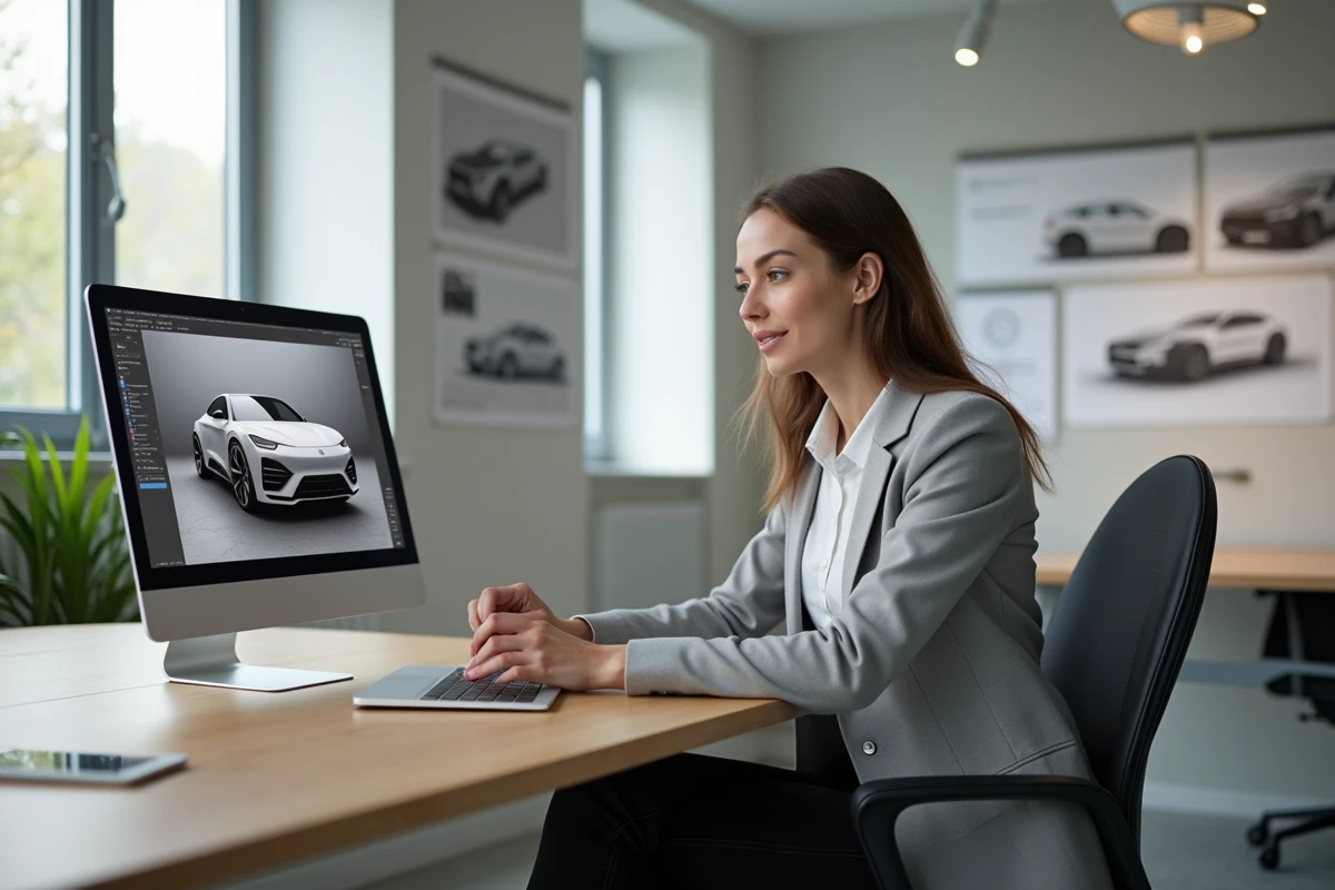 Jeune femme étudie un design automobile au bureau
