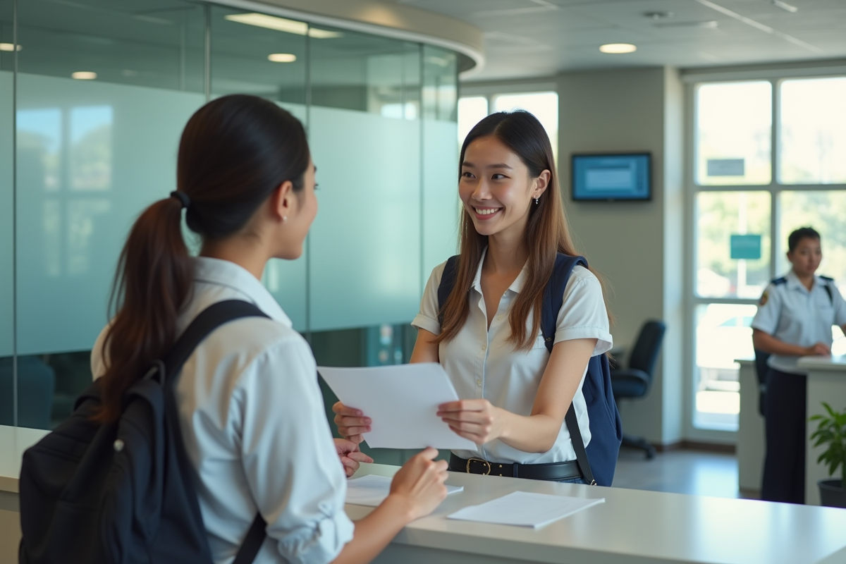 Jeune femme remettant des documents à un agent administratif