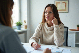 Femme d'âge moyen tenant ses documents médicaux dans un cabinet