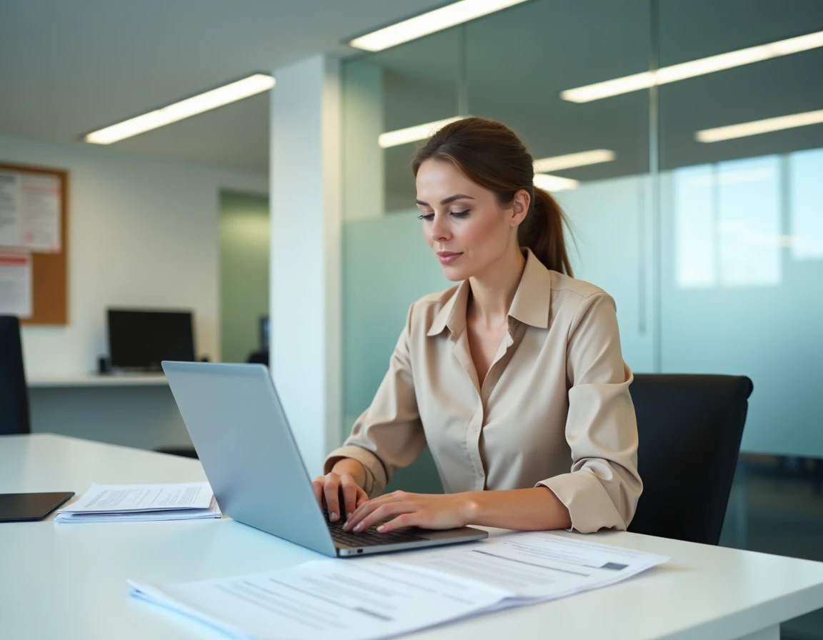 Femme consultant des formulaires d'immatriculation de véhicule dans un bureau administratif belge de la DIV