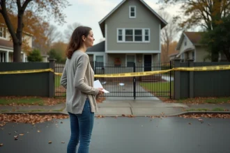 Femme regardant une maison endommagee devant une grille fermee