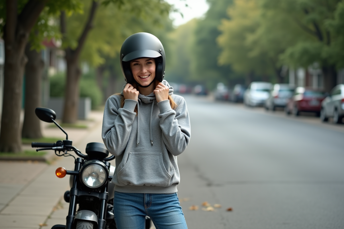 Femme ajustant son casque moto devant sa moto en ville